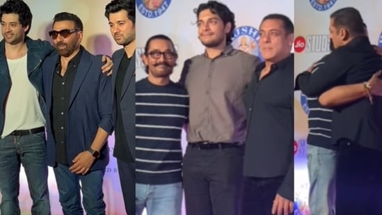 (एलआर) डोनो स्क्रीनिंग में राजवीर देयोल और करण देयोल के साथ सनी देयोल;  सलमान खान, आमिर खान और उनके बेटे जुनैद खान। 