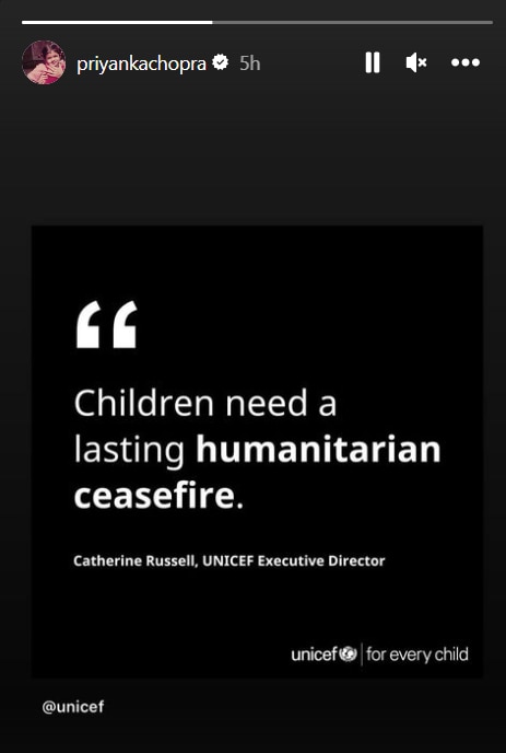 प्रियंका चोपड़ा फिलिस्तीन में बच्चों के लिए 'स्थायी मानवीय युद्धविराम' का समर्थन करती हैं।